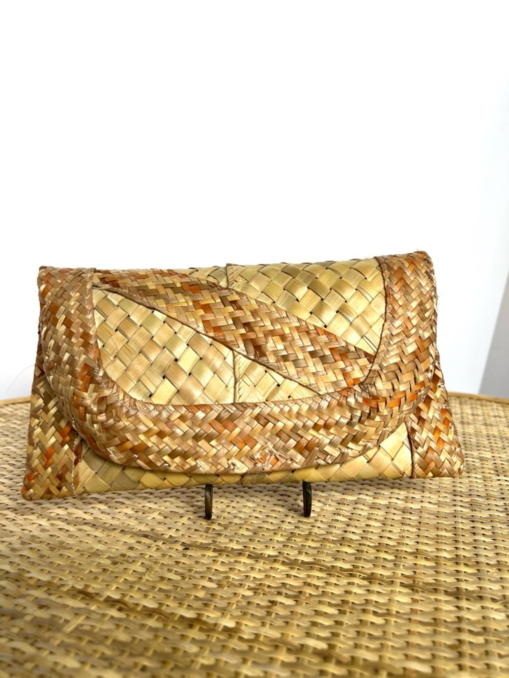 Handwoven Rattan Straw Envelope Clutch Bag Purse Floral Satin Lining Snap Close